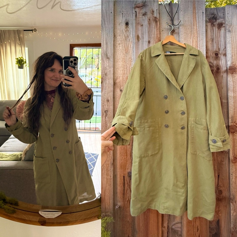 Mossy Olive Green Oversized Buttoned Trench Coatigan 🌿